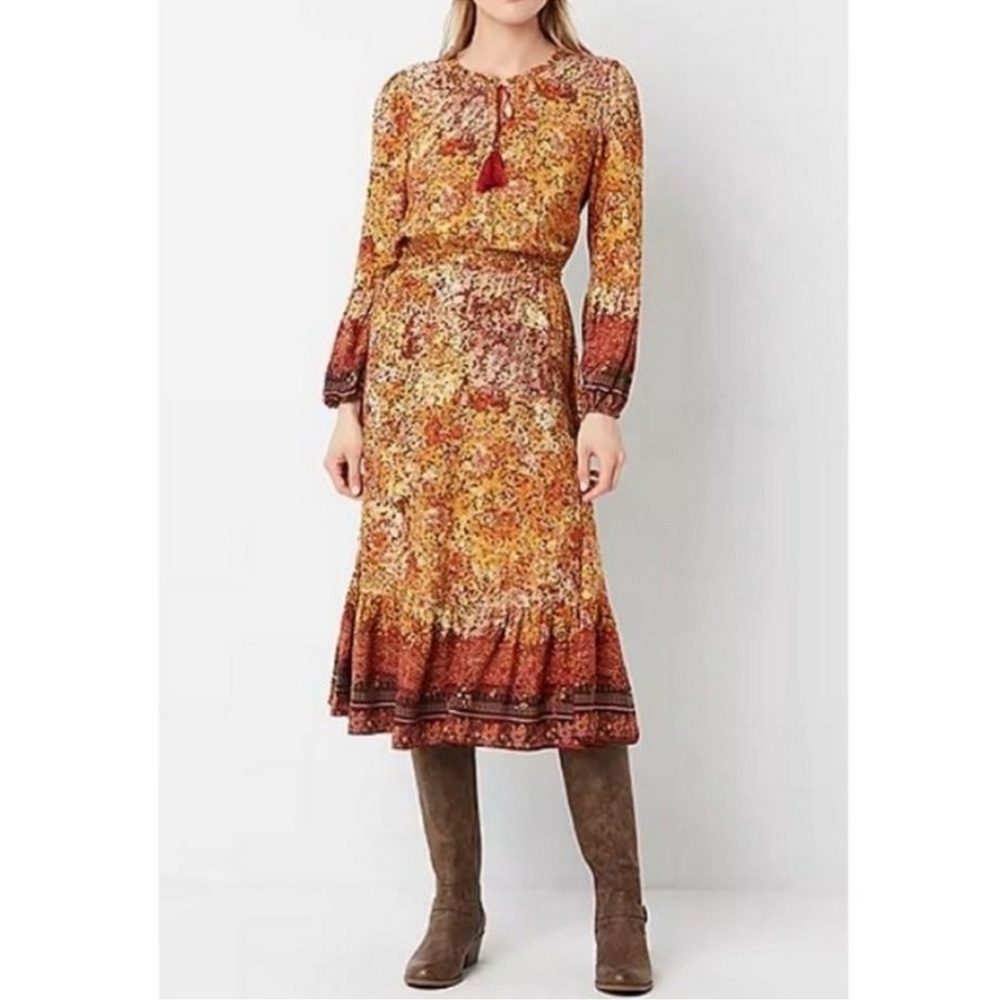 FRYE AND CO. Long Sleeve Floral Midi Dress in Mustard and Rust